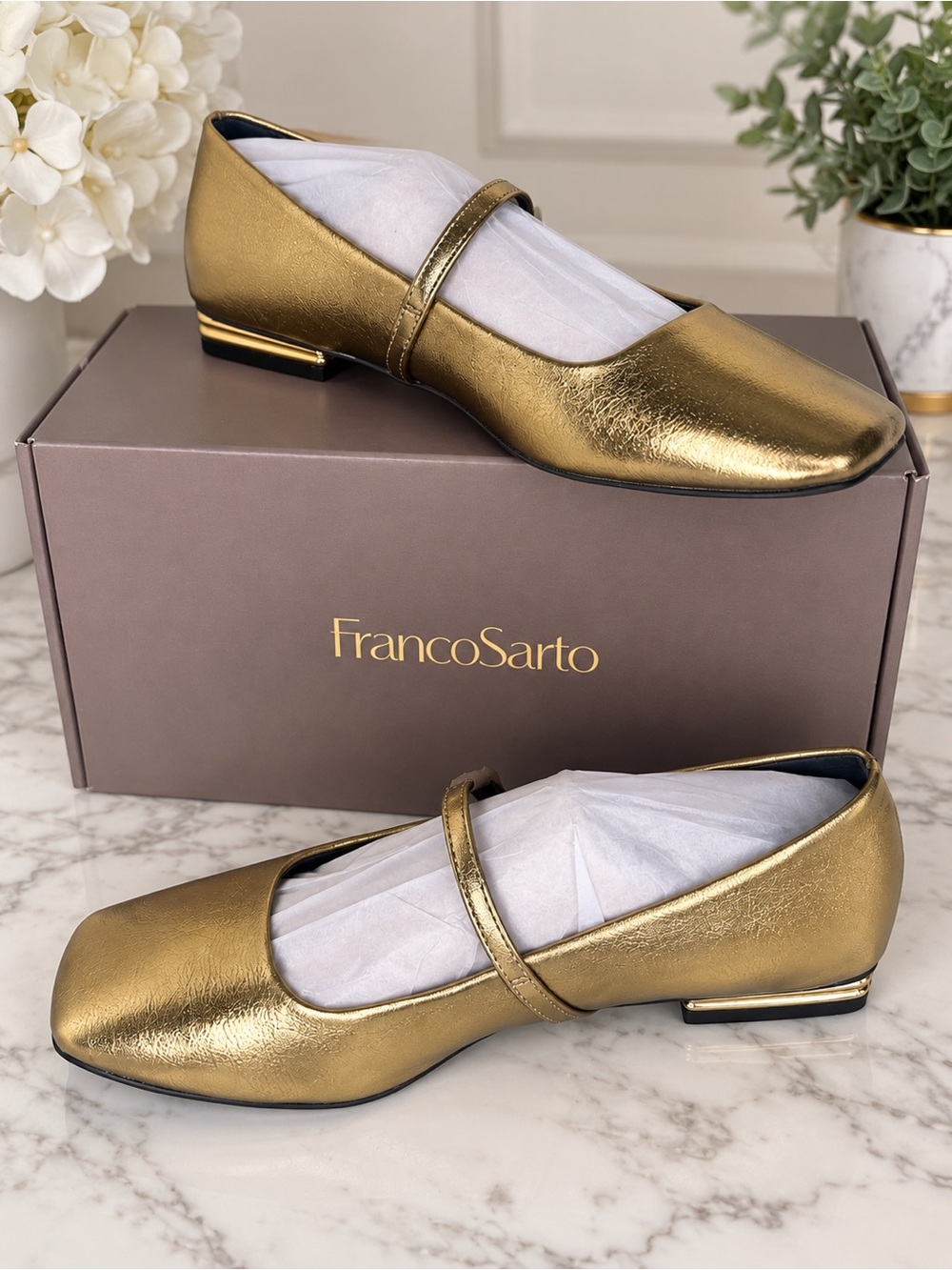 Franco Sarto Metallic Gold Mary Jane Flats with Strap